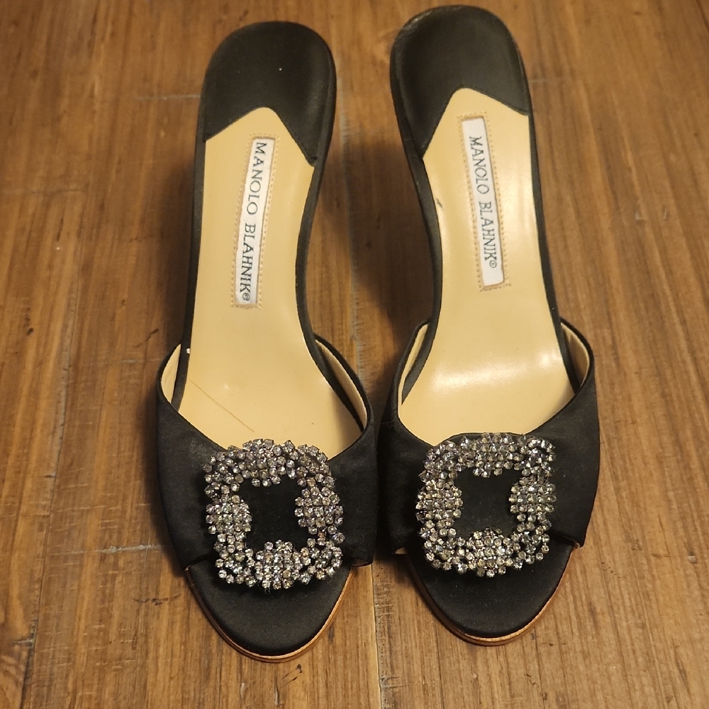 Manolo Blahnik Black Heels with Crystal Embellishment